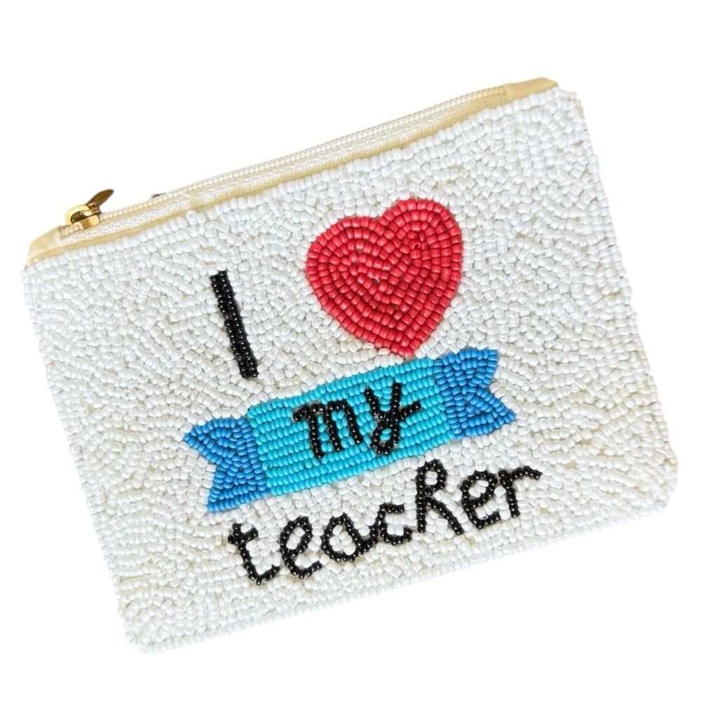 Handmade I Love My Teacher Beaded White & Red Heart Zipper Card Coin Pouch New!